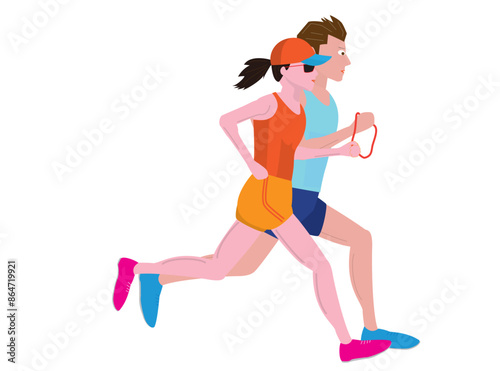 視覚障害者がマラソン大会を走っているイラスト素材です。ガイドランナーが伴走しています。