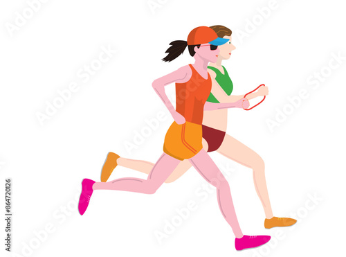 視覚障害者がマラソン大会を走っているイラスト素材です。ガイドランナーが伴走しています。