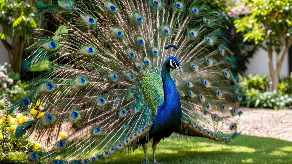 Obraz premium A vibrant peacock standing in a garden, isolated on a white background.