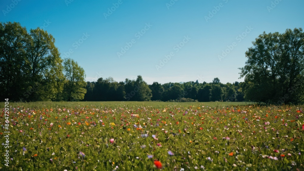 field with flowers and trees in the foreground and a blue sky in the background field with flowers and trees in the foreground and a blue sky in the background