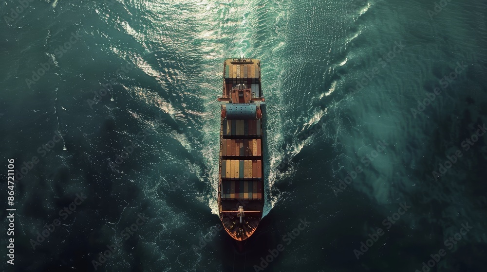 Navigating the Waters: Top-Down Aerial View of a Large Container Ship at Sea Navigating the Waters: Top-Down Aerial View of a Large Container Ship at Sea
