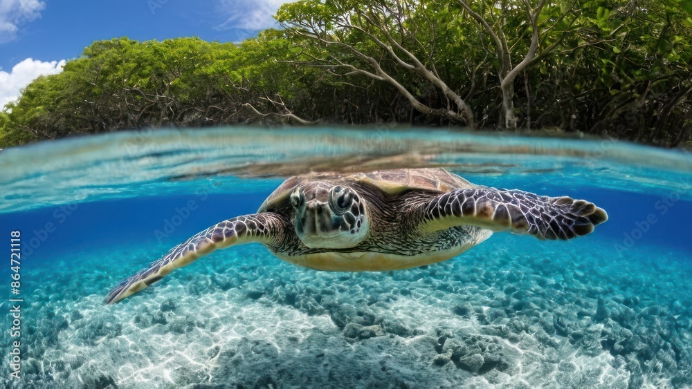 Obraz premium turtle swimming in the clear blue waters of a tropical lagoon with corals and trees in the background