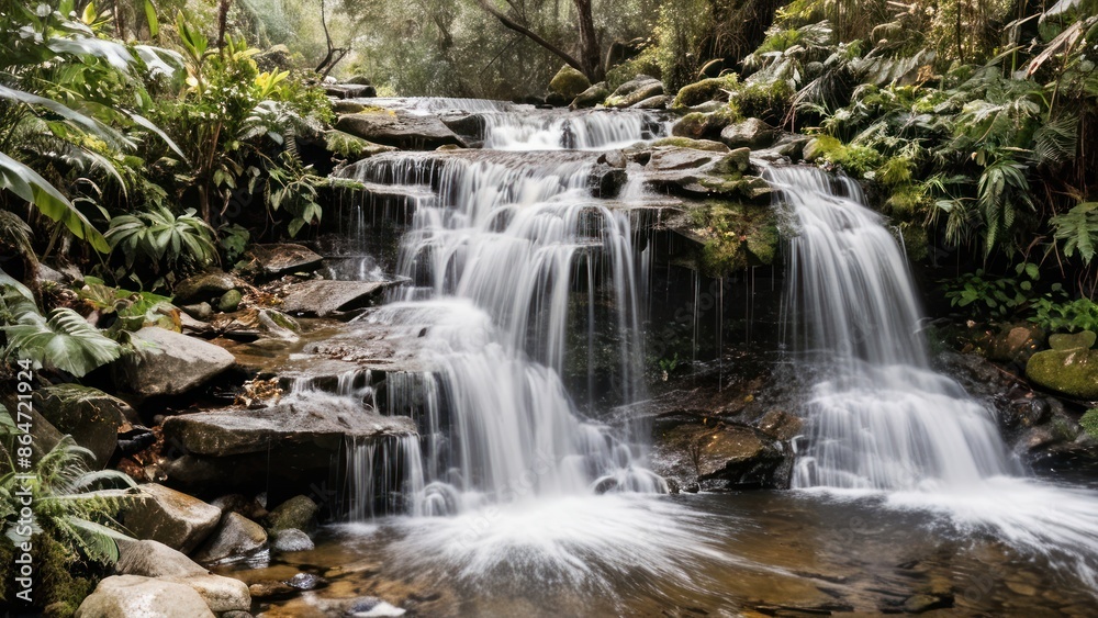 A tranquil waterfall, isolated against a pure white background. A tranquil waterfall, isolated against a pure white background.