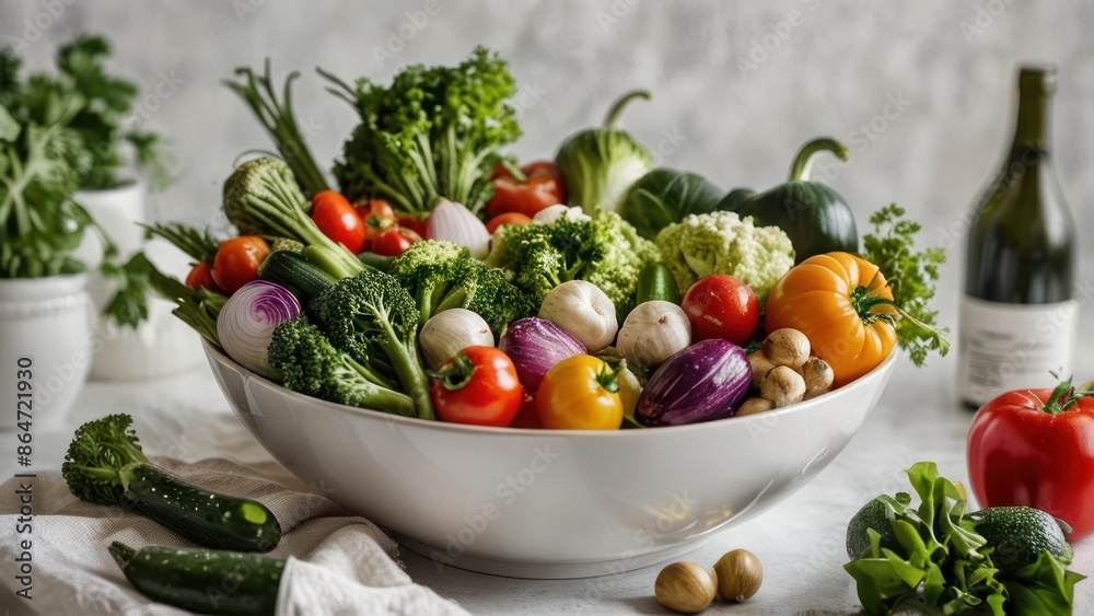 A variety of fresh vegetables in a white ceramic bowl, beautifully arranged. A variety of fresh vegetables in a white ceramic bowl, beautifully arranged.
