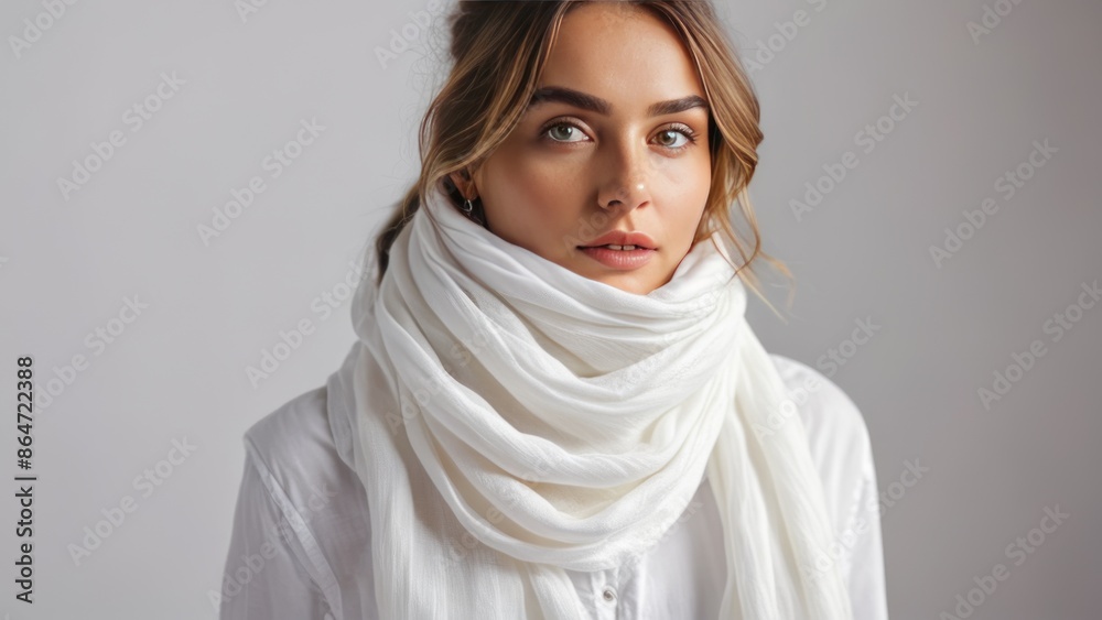 A stylish white scarf on a white background. A stylish white scarf on a white background.