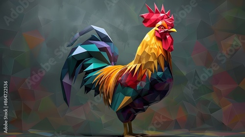 low poly vector rooster color model.  photo