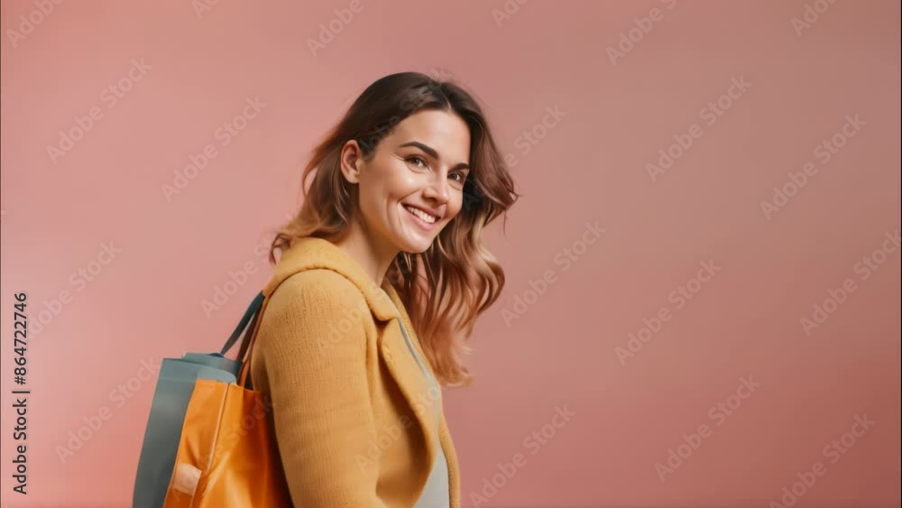 portrait of a female fashion model with shopping bag and casual style, shoot looks like in the studio lighting with solid pink pastel background color portrait of a female fashion model with shopping bag and casual style, shoot looks like in the studio lighting with solid pink pastel background color
