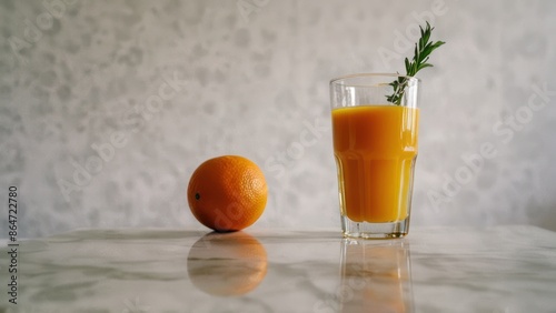 A clear glass of orange juice, on a white table.