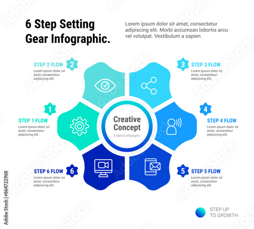 6 Step Setting Gear Infographic template, gear with six elements. Parts of the chart with icons and numbers.