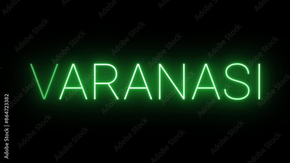 Flickering neon green glowing varanasi text animated on black background