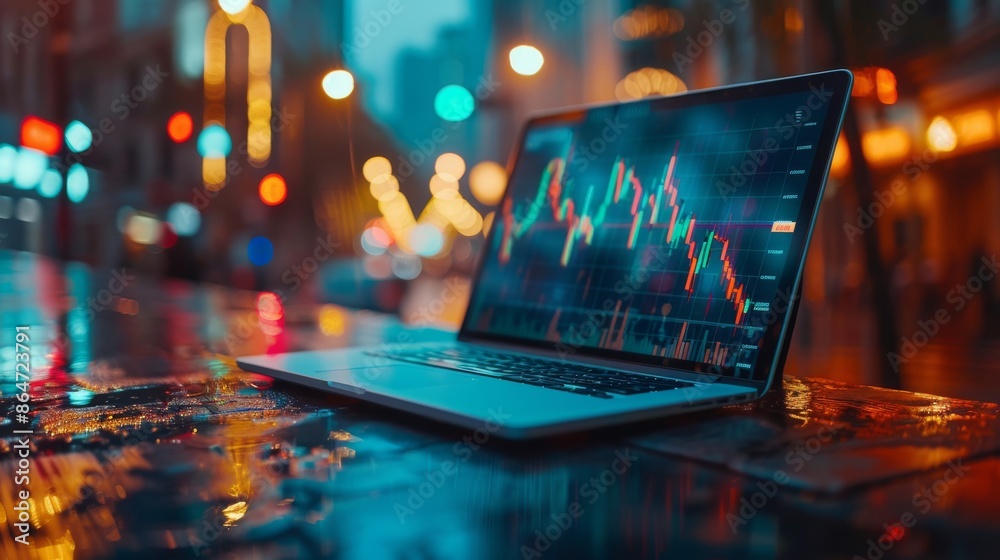 Digital Trading: Close-Up of Laptop with Forex Chart, Blurry Background with Double Exposure Digital Trading: Close-Up of Laptop with Forex Chart, Blurry Background with Double Exposure