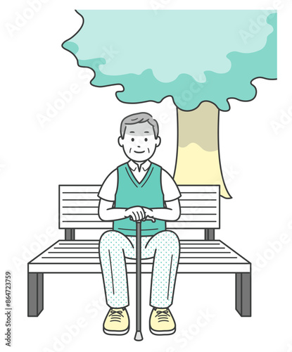 夏に木陰のベンチで休憩をする高齢男性の全身イラスト
