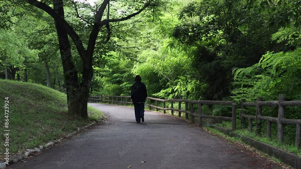 夏の公園でゆっくり散歩する一人の中年女性の姿 夏の公園でゆっくり散歩する一人の中年女性の姿