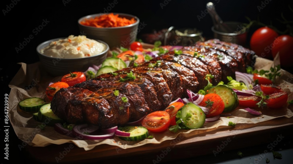 Delicious kebab full of meat and vegetables, black and blur background Delicious kebab full of meat and vegetables, black and blur background