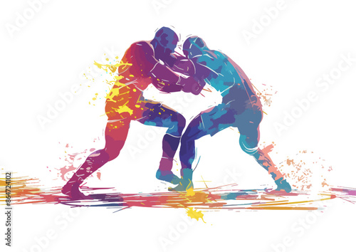 Two wrestlers grappling in a colorful, dynamic style. The image is vibrant with splashes of paint.. Olympics in France 2024.