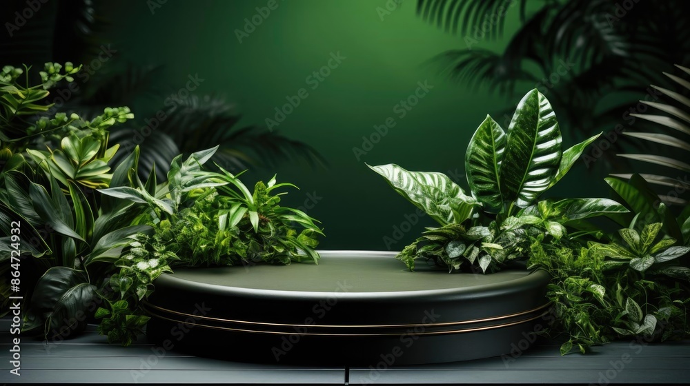 podium product stand or display with leaf, green background and cinematic light podium product stand or display with leaf, green background and cinematic light