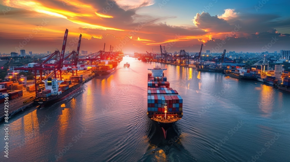 A large cargo ship is sailing through a harbor at sunset A large cargo ship is sailing through a harbor at sunset