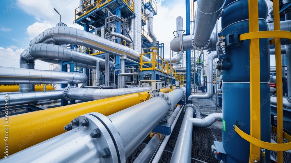 A large industrial plant with many pipes and valves A large industrial plant with many pipes and valves