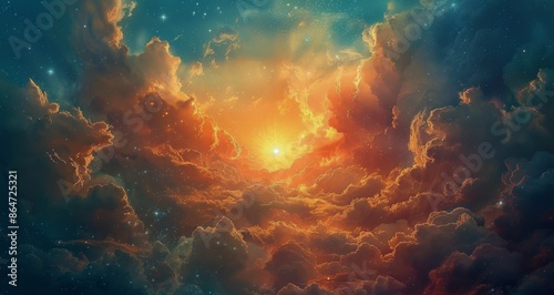 Golden Sunset Through Clouds in a Starry Night Sky