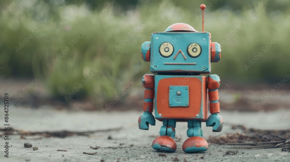 A robot is standing on a dirt road A robot is standing on a dirt road