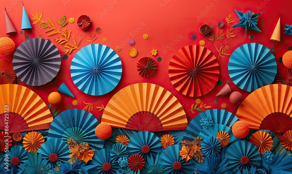 american federal holidays celebration flat lay composition with festive paper fans and firework rockets on red background.photo stock american federal holidays celebration flat lay composition with festive paper fans and firework rockets on red background.photo stock