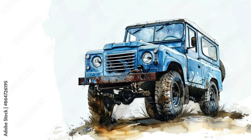Obraz premium Classic blue off-road vehicle illustration. Watercolor illustration of a blue 4x4 vehicle driving off-road, perfect for automotive and adventure-themed designs.
