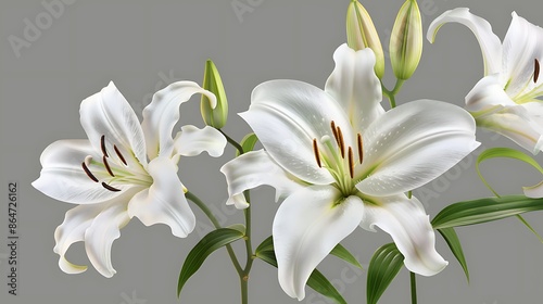 Elegant white lilies with green stems and leaves isolated on a transparent background. photo