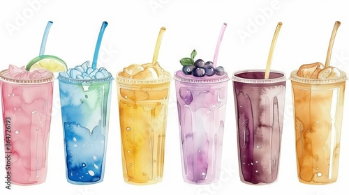 Colorful Refreshing watercolor illustration featuring a row of six vibrant summer drinks in plastic to-go cups with straws, perfect for beverage, menu, and summer-themed designs.