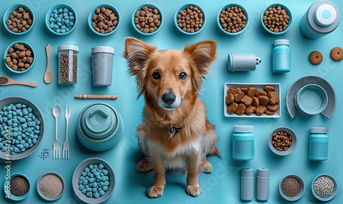 collection of pet supplies on a pastel blue background including a dog food bowl toys and grooming tools ideal for pet care themes.image illustration photo