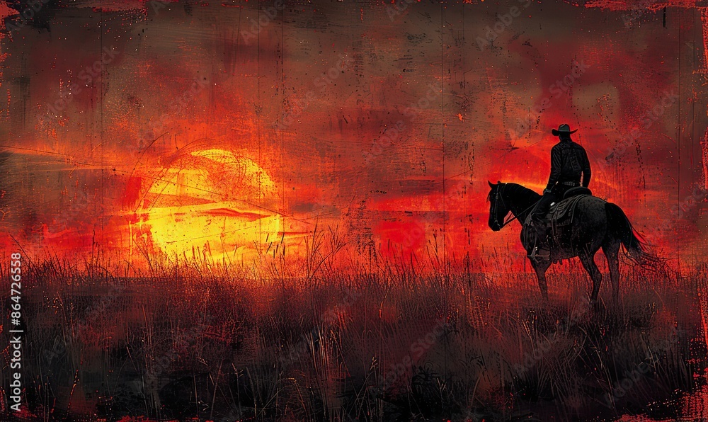 Fototapeta premium cowboy riding horse at sunset vintage style digital art painting.illustration