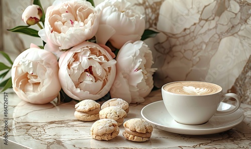 Wallpaper Mural elegant breakfast set with coffee cookies and fresh peonies on a marble background perfect for a luxurious morning.image Torontodigital.ca