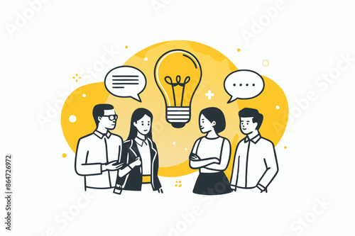 a vector illustration showing business people engaged in a discussion, with a large lightbulb made up of speech bubbles above them, representing ideas and conversation. 