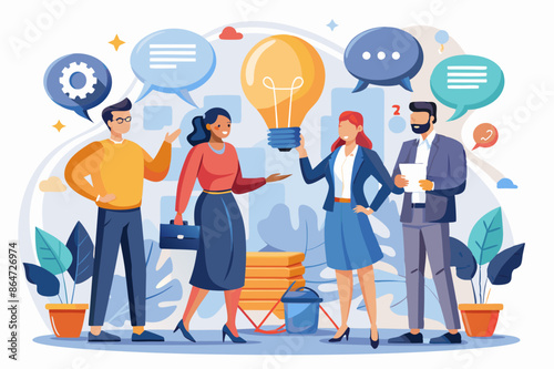a vector illustration showing business people engaged in a discussion, with a large lightbulb made up of speech bubbles above them, representing ideas and conversation. 