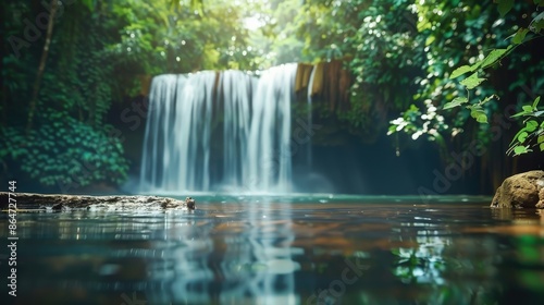 Serene Waterfall in Lush Green Forest with Sunlight