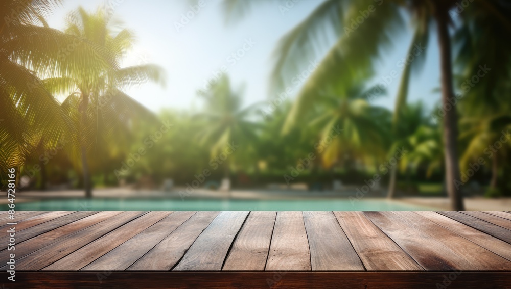 Empty Wooden Table by a Tranquil Pool With Palm Trees Empty Wooden Table by a Tranquil Pool With Palm Trees