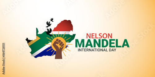 vector illustration with hands showing strength, unity, and power for international Happy Nelson Mandela Day concept, CIRCA MONTH YEAR: Illustration for International Nelson Mandela Day.