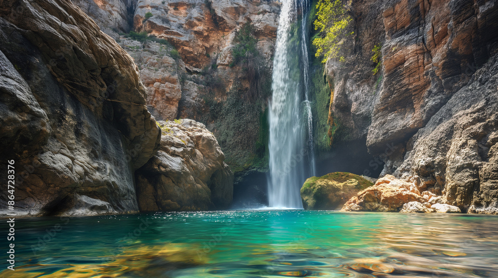 Naklejka premium Majestic Waterfall Rugged Cliffs Crystal Pool