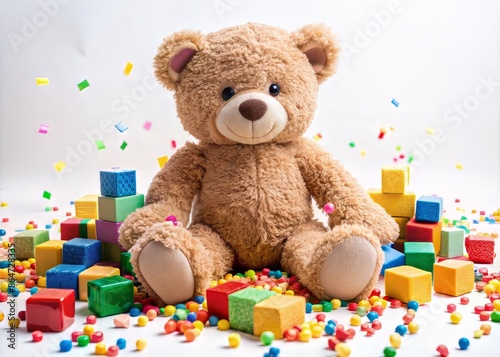 Adorable plush teddy bear sits alone on a white background, surrounded by colorful blocks and toys, with a few confetti pieces scattered around it. © Adisorn