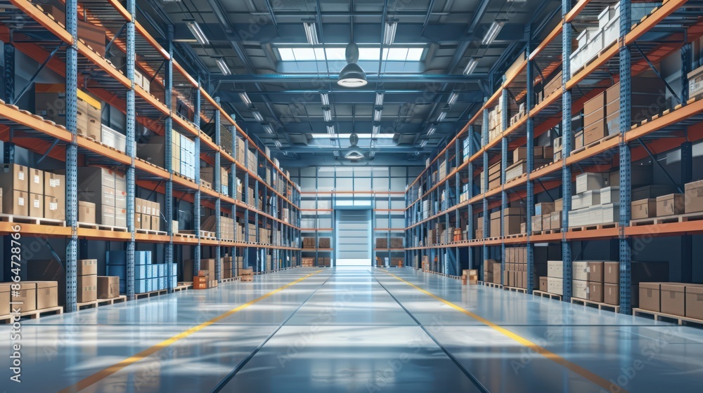 Efficient Warehouse Management: Rows of Shelves with Inventory Boxes for Logistics and Order Fulfillment - Illustration for Advertising and Marketing Efficient Warehouse Management: Rows of Shelves with Inventory Boxes for Logistics and Order Fulfillment - Illustration for Advertising and Marketing