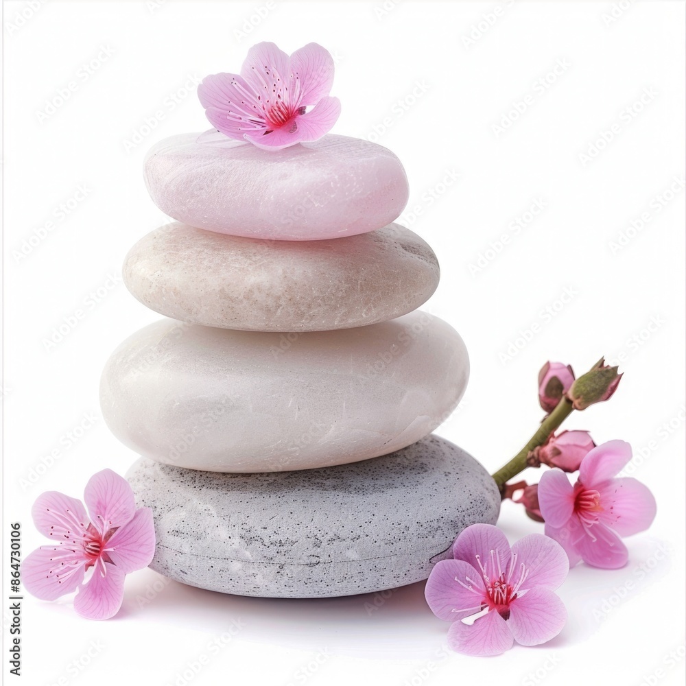 Serene Spa Ambiance: Calming pastel spa stones and candles in harmonious arrangement on white background