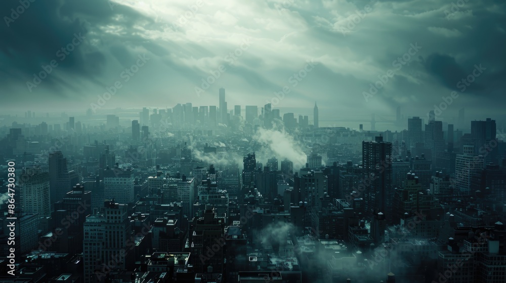 Fototapeta premium Moody Urban Landscape: A captivating cityscape with a dramatic, atmospheric aura of mystery and emotion.