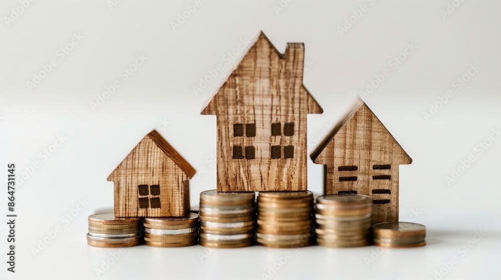 Investing in Stability: Wooden House Models on Stacks of Coins Against White Background Investing in Stability: Wooden House Models on Stacks of Coins Against White Background