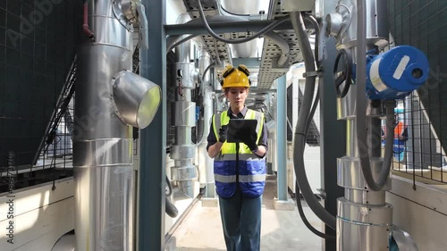 Female woman lady foreman employee labor report information document check list pipeline steel metal work job inspector manager engineer facility industry look watch development architect control talk