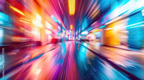 A blurry image of a city street with neon lights and a colorful background © Charoen
