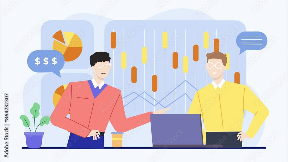 teamwork discussing about stock market graphic growth business animated illustration video teamwork discussing about stock market graphic growth business animated illustration video