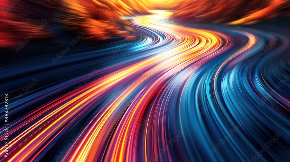 A colorful, blurry image of a winding road with a sunset in the background A colorful, blurry image of a winding road with a sunset in the background