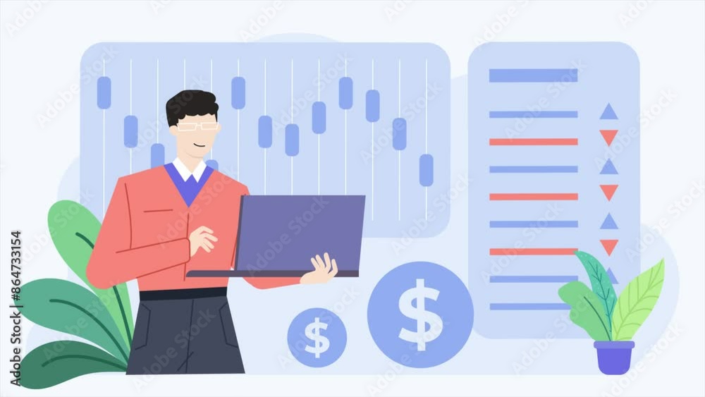 a man using laptop to review stock market statistic business animated illustration video a man using laptop to review stock market statistic business animated illustration video