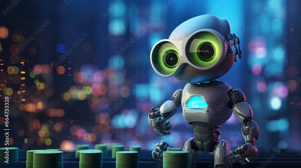 Small Robot with Glowing Eyes in a Futuristic Neon-Lit Cityscape Small Robot with Glowing Eyes in a Futuristic Neon-Lit Cityscape