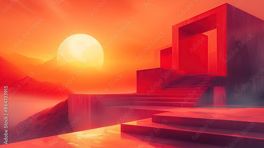 Abstract Futuristic Landscape with Orange Sun Abstract Futuristic Landscape with Orange Sun