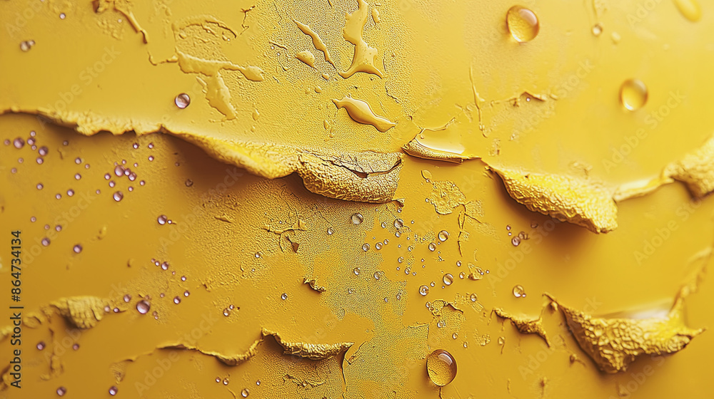 The yellow surface is covered in water droplets and has a rough texture ...